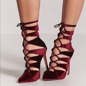 LILIANA BURGUNDY VELVET LACE UP STILETTO HEELS